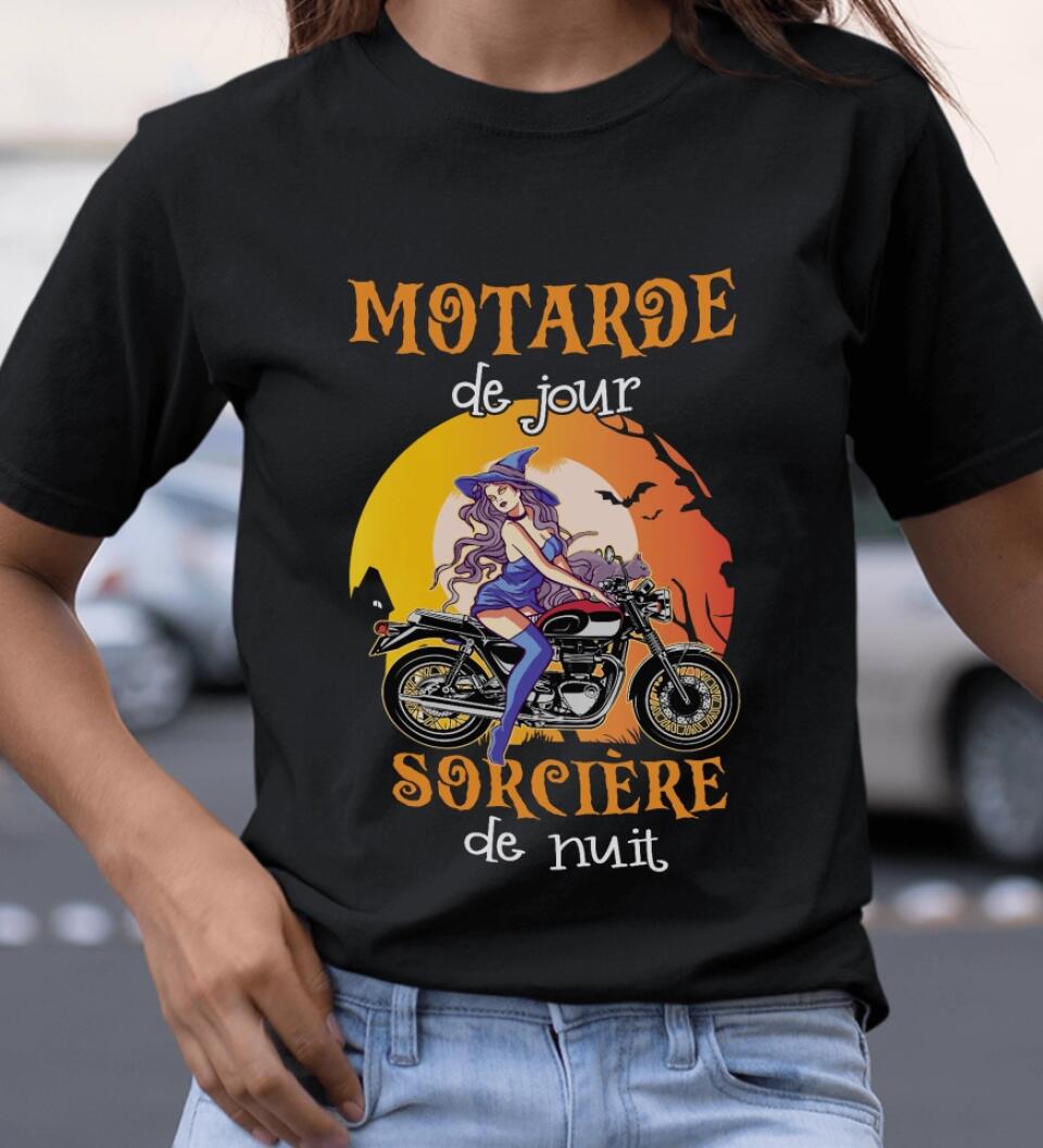 motarde de jour sorciere de nuit personnalisable t shirt dhalloween pour les motards