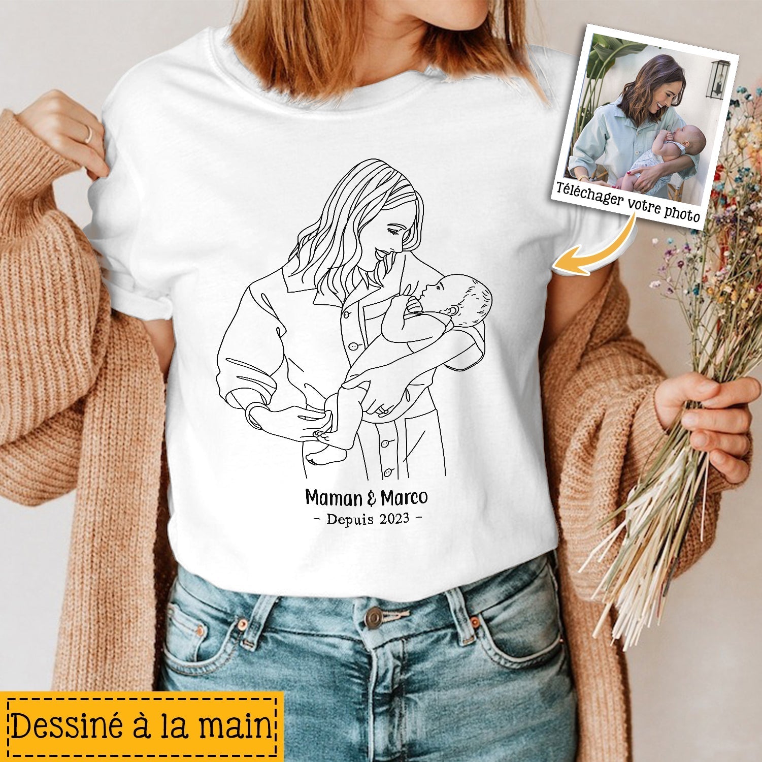portrait line art dessine a la main a partir dune photo cadeau personnalise pour maman