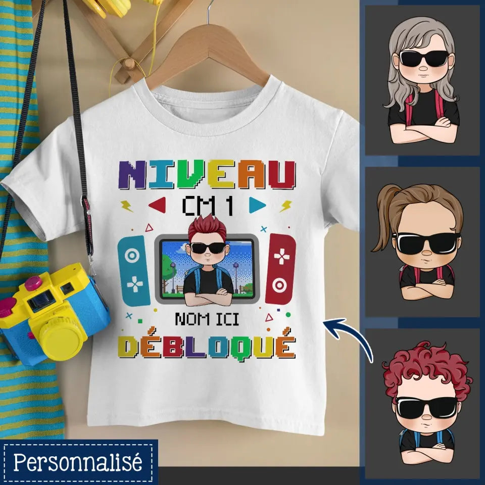 t shirt personnalise pour enfant rentree scolaire 2023 niveau debloque t shirt blanc